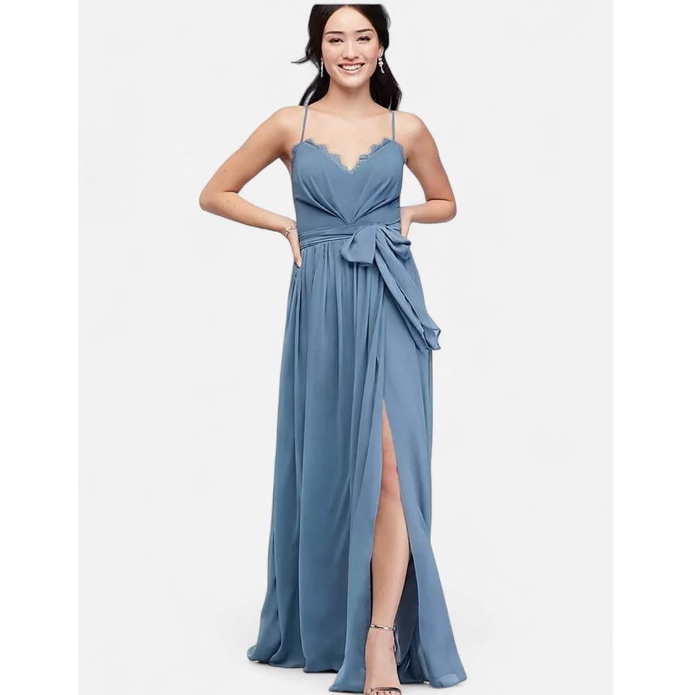 David’s Bridal Skinny Strap Chiffon Gown with Lace Trim and Sash STYLE# 9560CT8B